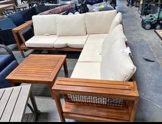 Assembled New Outdoor Acacia Wood L-Shaped Sofa Furniture Set w/ Coffee Table Woven Mesh Armrests