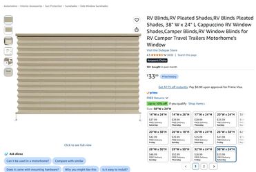 RV Window Pleated Blind Shade 38”X24”