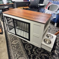 Dog Crate Furniture, 47.2" Dog Kennel Indoor with Storage Shelf Feeding Bowls for medium large dogs