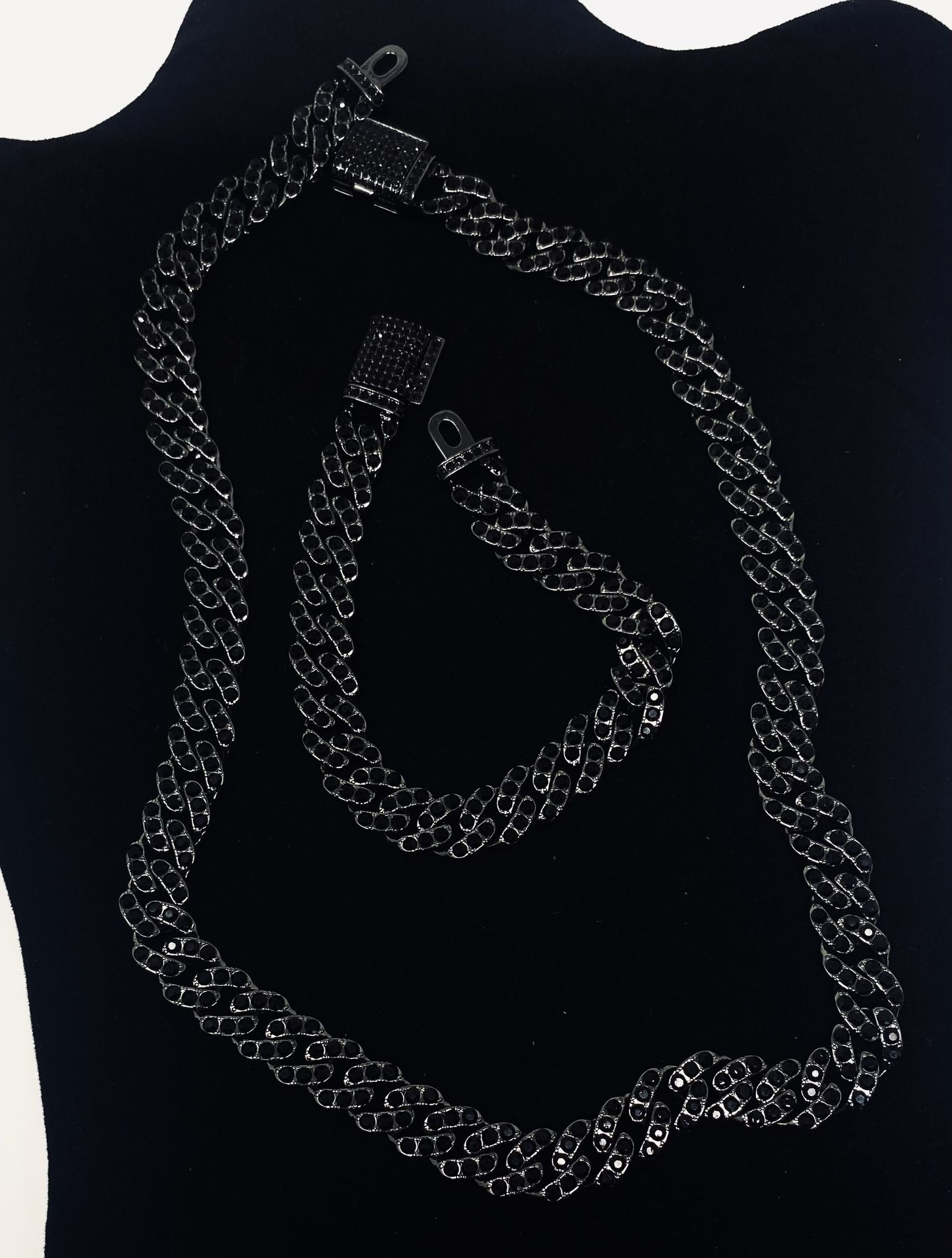 Miami Cuban Link Black Rhinestone Necklace Bracelet
