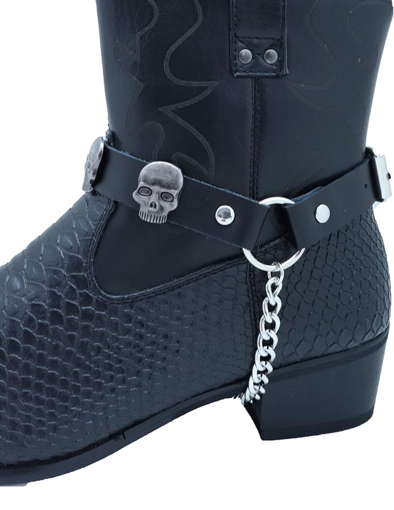 Men Biker Boot Bracelets Black Pair Straps Silver Metal Chains Shoe Shotgun Shell Charm Motorcycle Accessory Payed $35