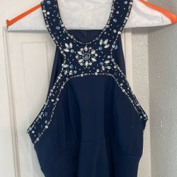 Navy Blue Rhinestone And Gem Evening Gown -Size 14
