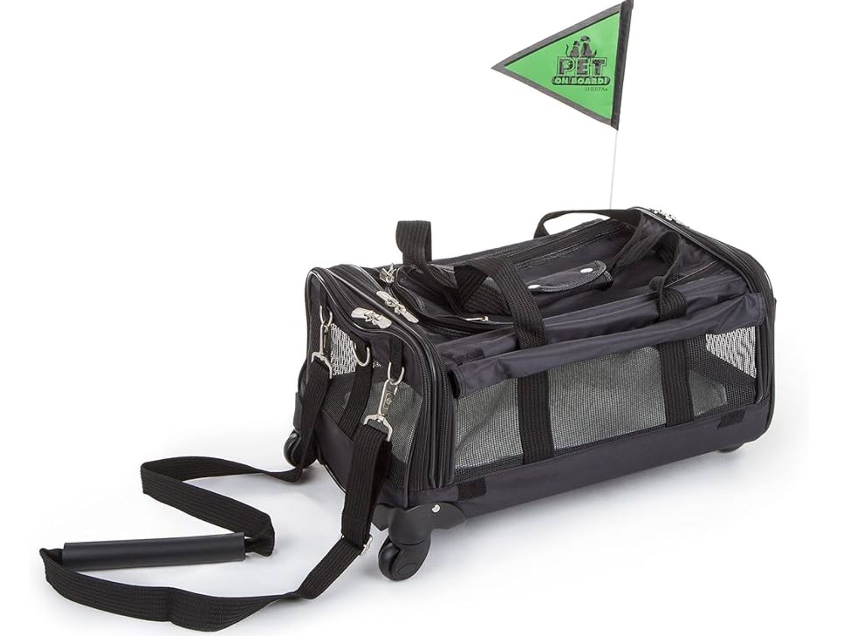 The Sherpa On Wheels Pet Carrier is airline app Black, One Size, 20" x 12.25" x 10.5"; fits pets up to 22 pounds; Flag not included AIRLINE APPROVED