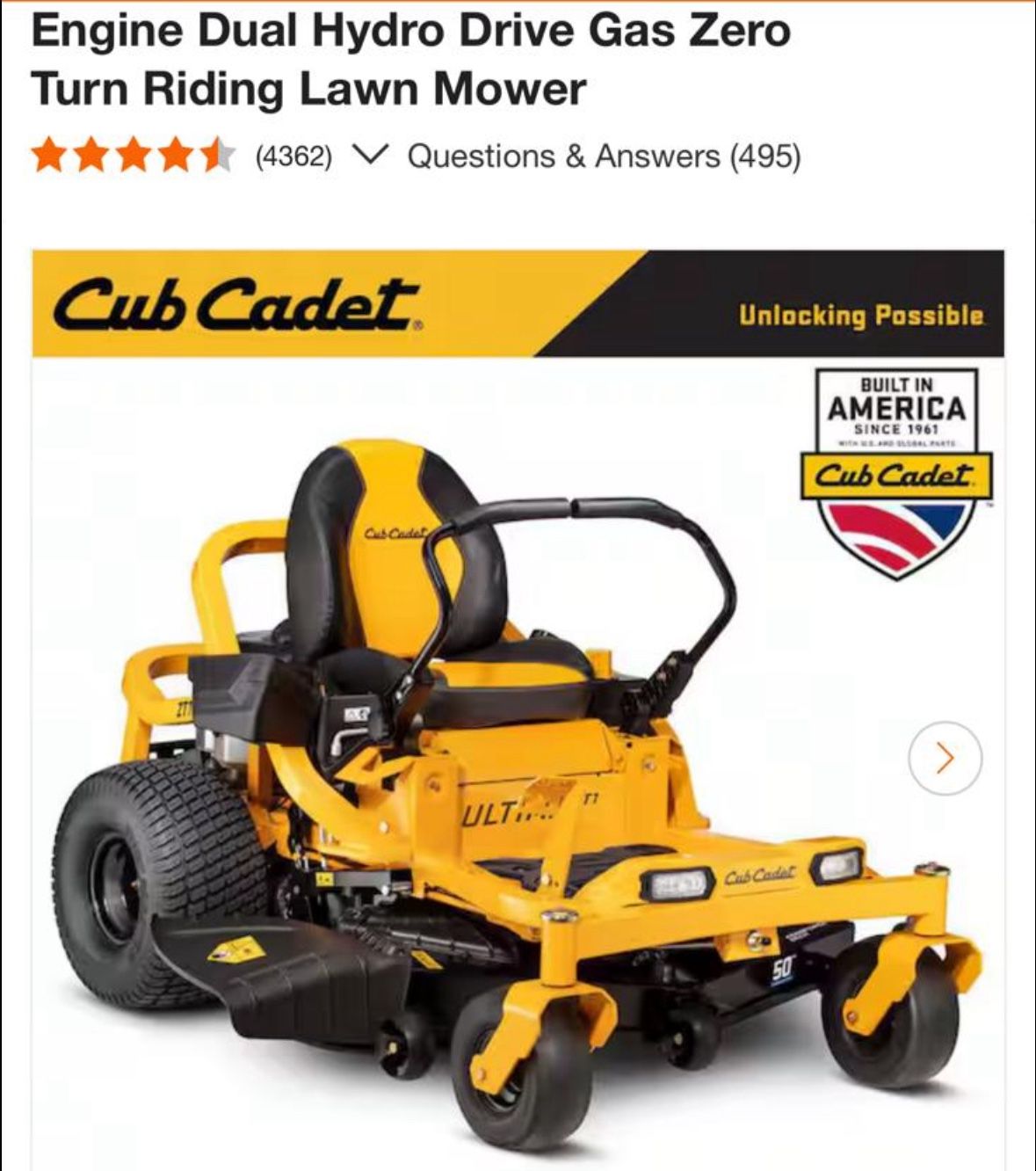 Cud Cadet Ultima ZT1 50 in. Fabricated Deck 23 HP Kawasaki FR Series V-Twin Gas Engine Zero Turn Mower with Lap Bar Control
