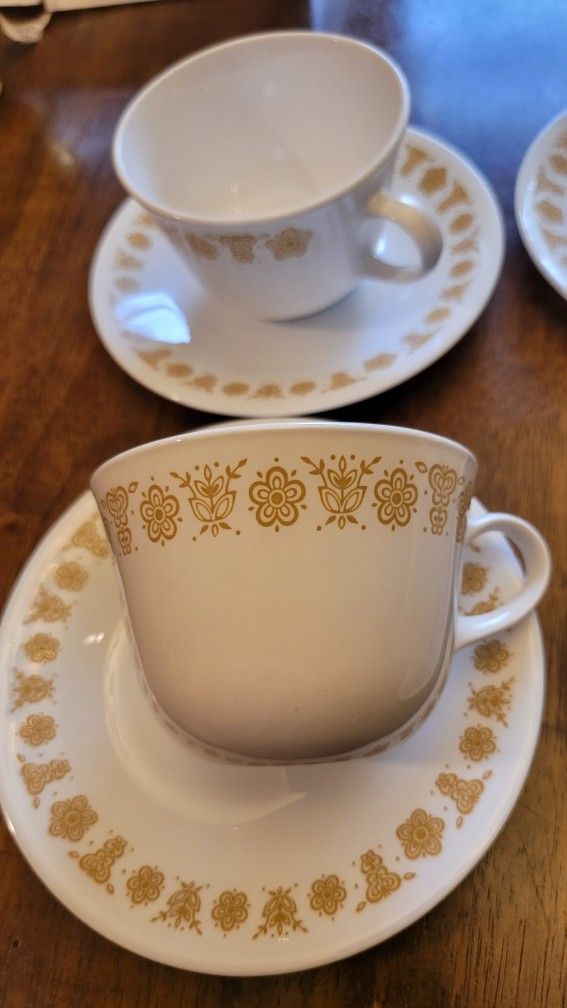 16pc. Gold Butterfly Corelle Livingware by Corning white porcelain tea coffee cup saucer dinnerware
