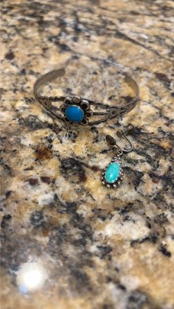 Vintage Sterling Silver Cuff Bracelet and Earring with Turquoise