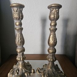 Antique Matching Pair of Gold Brass Metal Candlestick