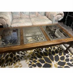Oak Table With Leaded Glass Top Panels 