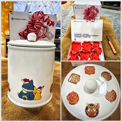 New Pokemon Center Pikachu & Munchlax Holiday Cookie Jar And Pokemon Cookie Cutters