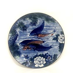 Koi Fish Charger Plate Platter Lotus Flowers Tree Large Vintage 12"