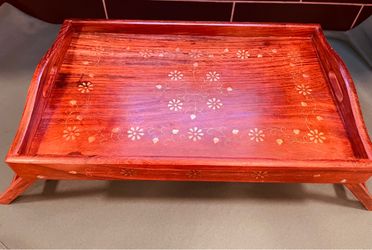 Stunning inlaid solid wood folding bed tray with Inlaid brass floral design and folding legs