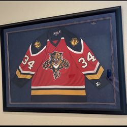 VINTAGE FLORIDA PANTHERS #34 STARTER JERSEY. PROFESSIONALLY FRAMED AND MATTED. 54” x 41”. FRAME HAS SOME SMALL MINOR SCRATCHES.