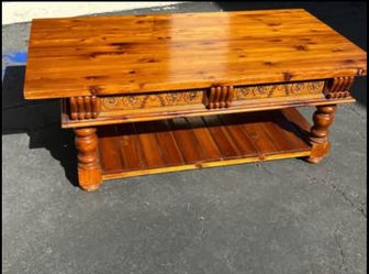 Ornate Carved Wood Coffee Table with Lower Shelf