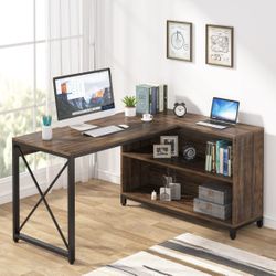 Reversible L-Shaped Desk, Corner Computer Desk with Shelves