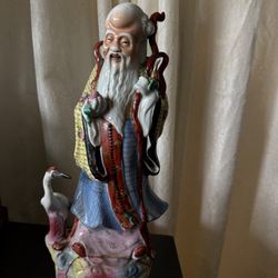Large Antique Chinese Porcelain Figurine - Immortal Of Longevity With Crane