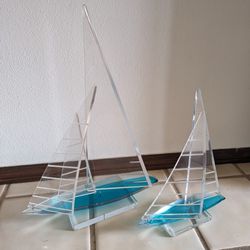 Michael George Signed Acrylic Sail Boats 14" & 20" Vintage 