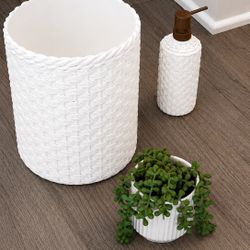 Modern White Bathroom Decor Set | Trash Can + Soap Dispenser + Faux Plant 