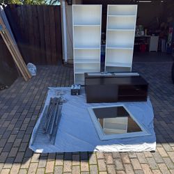 Two Bookshelves, Floating Tv Stand, Front Door Handle, Sliding Glass Shower Door, Closet Shelves