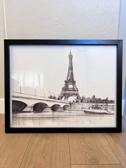 32x25 Glass Framed Matte Black and White Cathedral of PARIS Eiffel Tower Charcoal Pencil Artwork