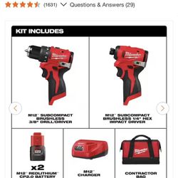 Milwaukee M12 12-Volt Lithium-lon Brushless Cordless Subcompact Drill and Impact Driver Combo Kit w/ 3/8 in. Ratchet (3-Tool)