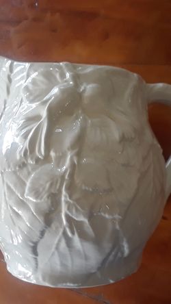7" TALL CERAMIC PITCHER EMBOSSED FRUITS IN GREAT CONDITION