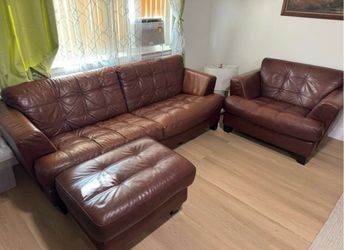 Brown Leather Sofa with Matching Ottoman