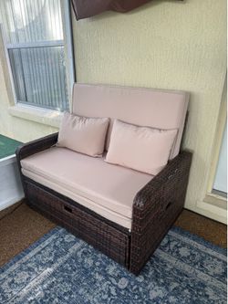 Wicker Outdoor Loveseat with Storage Ottoman