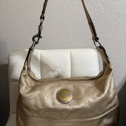 Coach 18882 Signature Stitch Gold Metallic Leather Hobo Bag