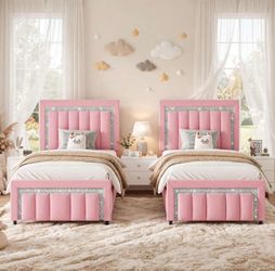 2 pcs Twin Bed Frames for Kids with Upholstered Headboard, Pink Fully Velvet Bed Frame with Diamond Headboard, Wooden Slats & Metal Framework, Easy As