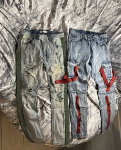 KDNK Light Wash Distressed Biker Jeans Reflective Side Stripes