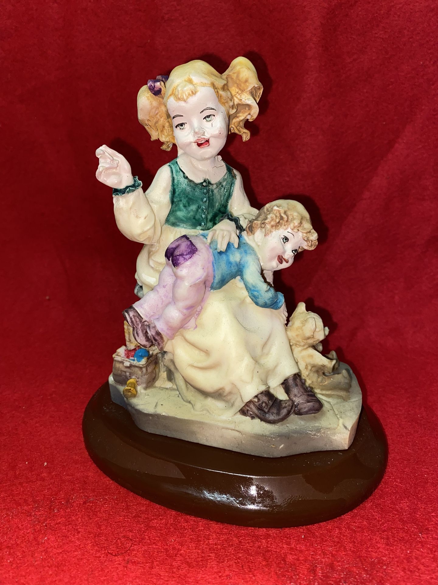7 Inch x 5 Inch Painted Alabaster Boy & Girl Figurine Imported From Greece