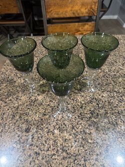 Set of 4 Green Bubble Glass Wine Goblets