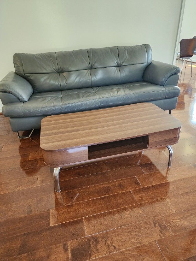 Gray Leather Sofa ,Love Seat And Coffee Table