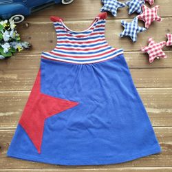 18MOS SLEEVELESS RED/WHITE/BLUE STRIPED & LARGE SHOULDER BOW STRAPS STAR KNIT DRESS