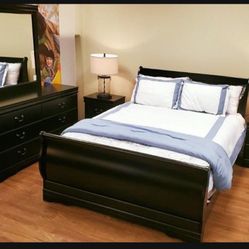 Black Wood Queen Size Bedroom Set Of 7 ( Bed Frame , Dresser , Nightstand , Chest)⭐️ In Stock 👍 Special Discount 💥
