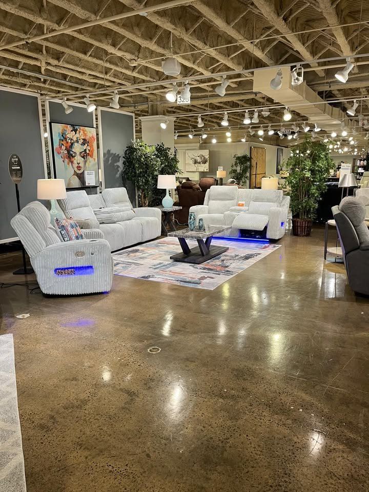Grey corduroy Power Recliner sofa features LED lighting, wireless audio connectivity & much more