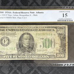 $500 Bill 1934A Federal reserve note PCGS 15