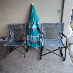 Two chairs with shock absorbers and a parasol