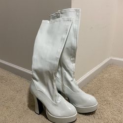 White Leather Platform Boots. 