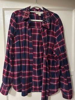 Micheal Kors Red and Navy Plaid Flannel  with Gold studs XL