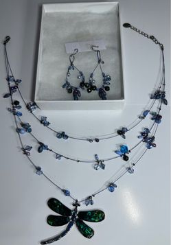 Stunning Abalone Shell Dragonfly Multi-Strand Statement Necklace & Earrings Set with Gift Box