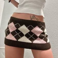 Pink and brown argyle/checkered tube top/VERY mini skirt  versatile top
