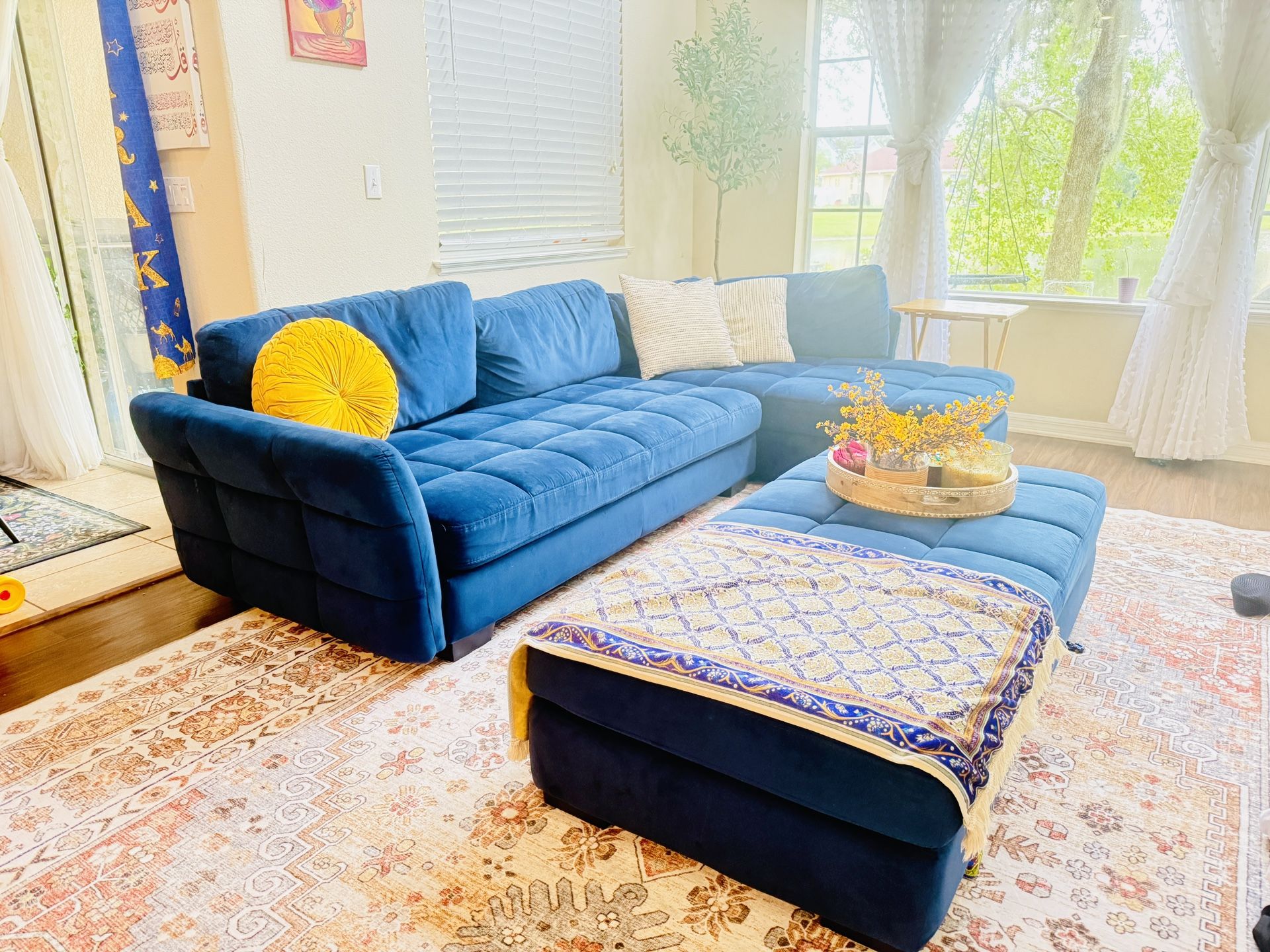 Blue modular sectional sofa velvet set