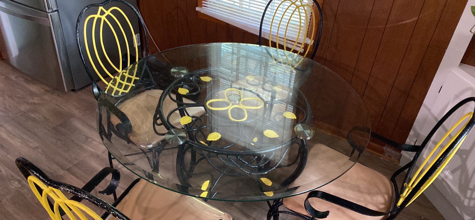 Glass Dining Table Set – Wrought Iron Base with 4 Chairs