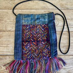 Vintage Multicolor Embroidered Woven Fringe Boho Crossbody Bag Guatemala 9.5x8.5