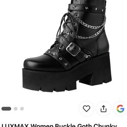 LUXMAX Women Buckle Goth Chunky Platform Ankle Boots(44)