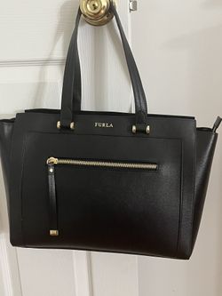 Furla Ginevra Large Leather Satchel Bag, Onyx (Black) With Gold Hardware 