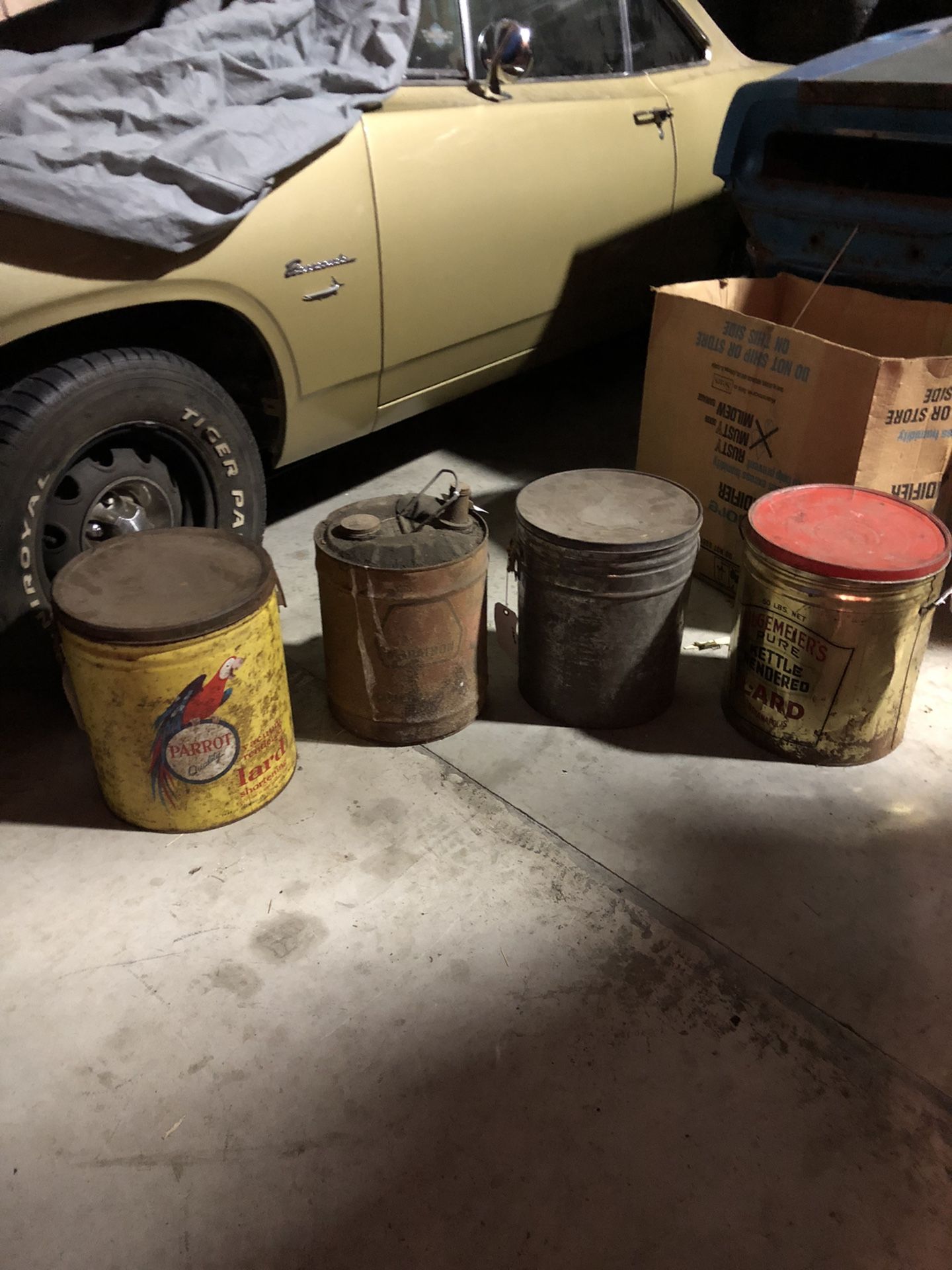 Four large antique vintage steel cans marathon food etc