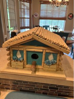 Gorgeous New Handmade Log Cabin Birdhouse with curtains and flowers in flower boxes