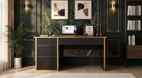 47 -Inch Fluted Computer Desk with 4 Drawers, Black and Gold Compact Home Office Desk with 4 Storage Drawers, Including a Deep File Drawer, for Bedroo